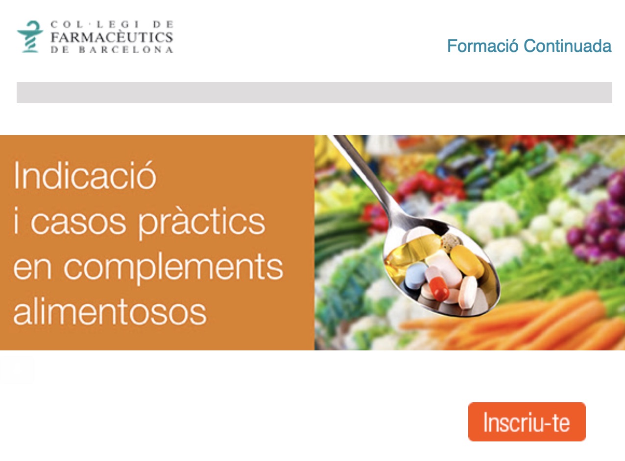Curs “Indicació i casos pràctics en complements alimentosos” COFB  – 18, 19, 20, 25 i 26 de febrer (Barcelona)