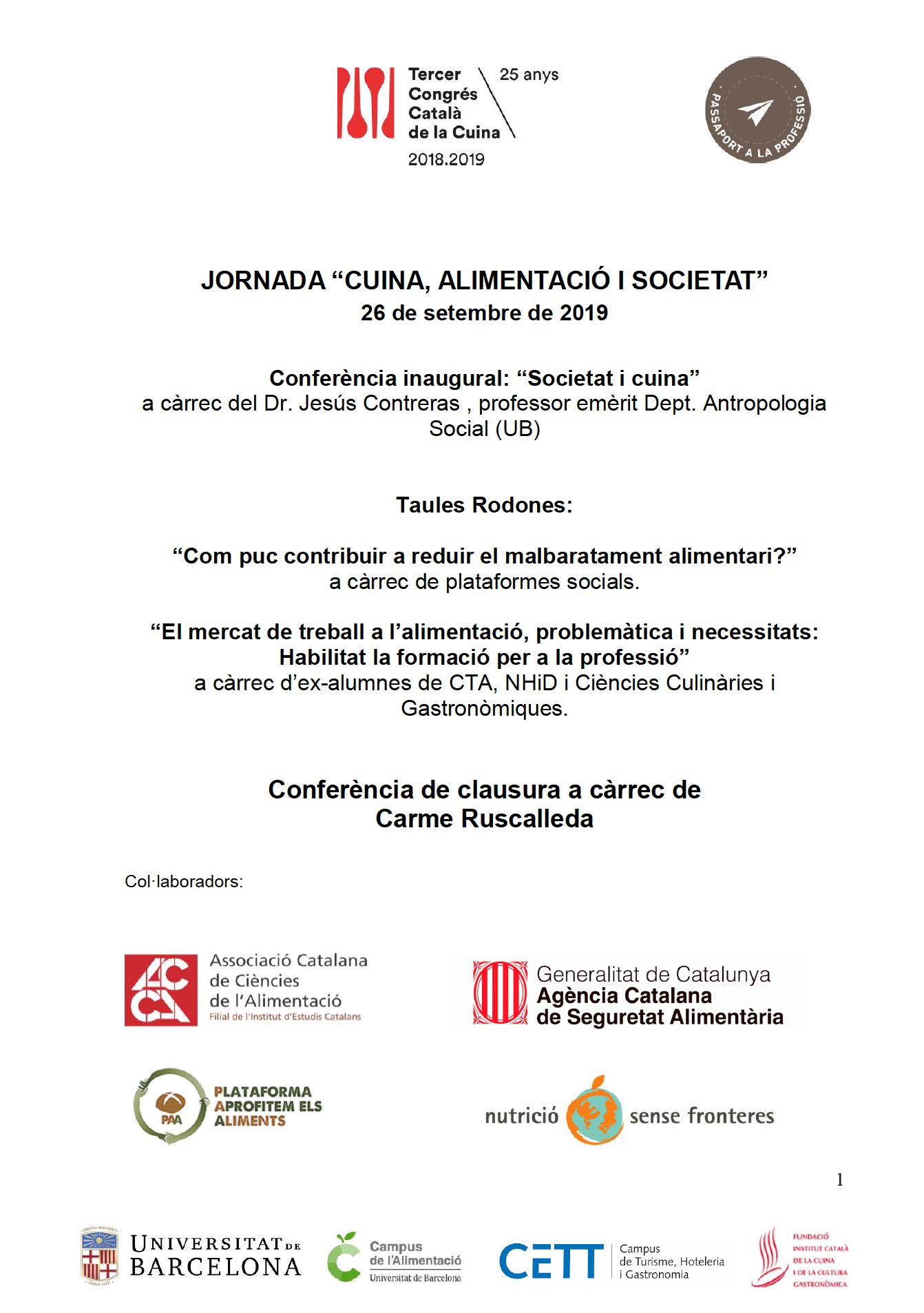 Jornada de Cuina, alimentació i societat , 26 de setembre, Campus Torribera