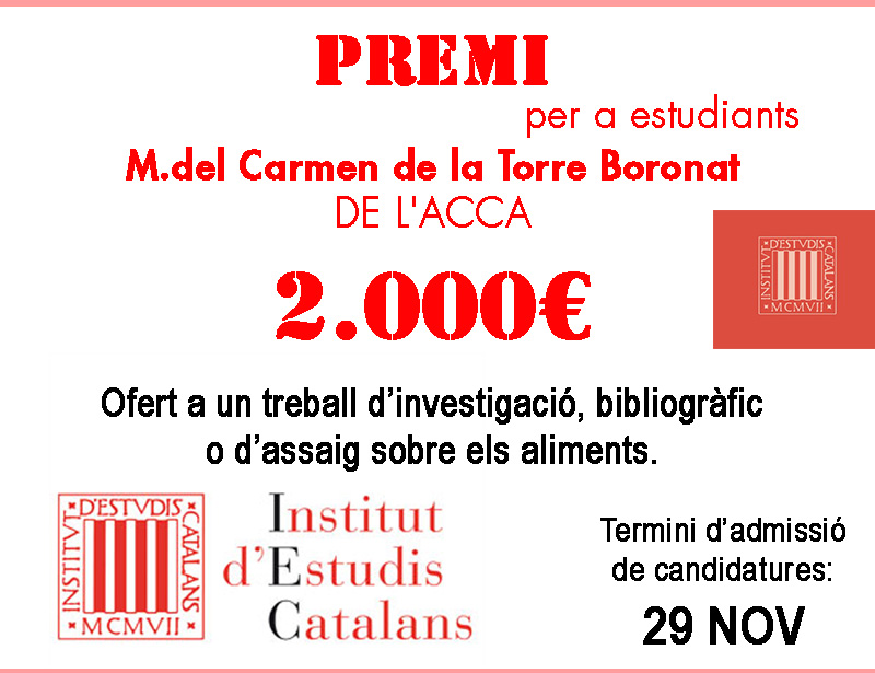 Convocats el Premis de l’IEC: M. del Carmen de la Torre Boronat de l’ACCA (per a estudiants). Termini de presentació: 29 de novembre