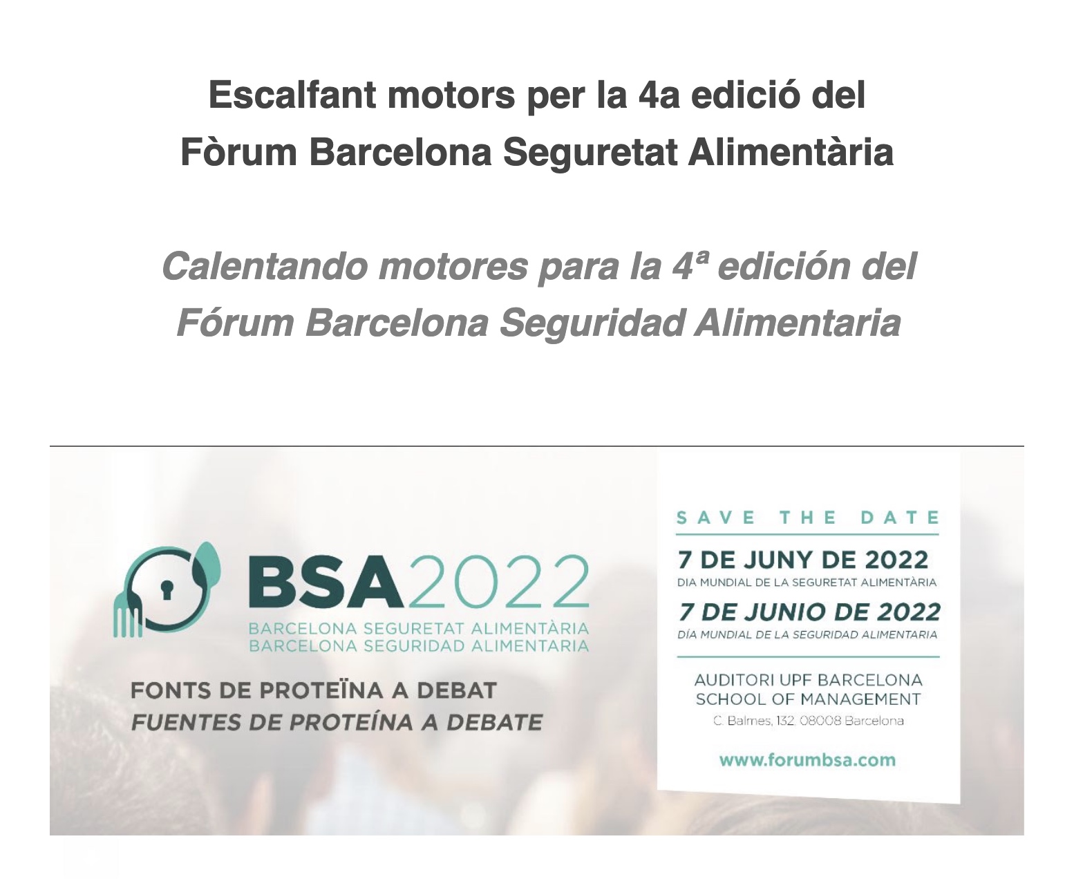 Inscripcions obertes: Escalfant motors per la 4a edició del Fòrum Barcelona Seguretat Alimentària (7 de juny)